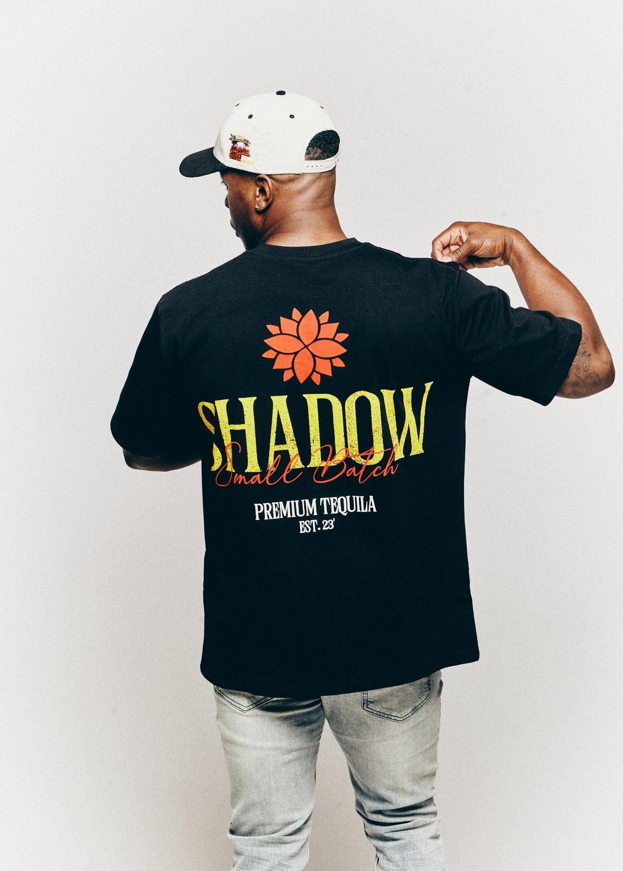 Shadow Tequila XS Shadow Branded Tee - Black shadow premium tequila Unisex oversized fit t-shirt made from 100% organic cotton, featuring heavyweight 235GSM jersey fabric, comfortable rib 1x1 with 5% lycra, and trendy dropped shoulders. The untagged, pre-shrunk 0-3% product is suitable for both men and women